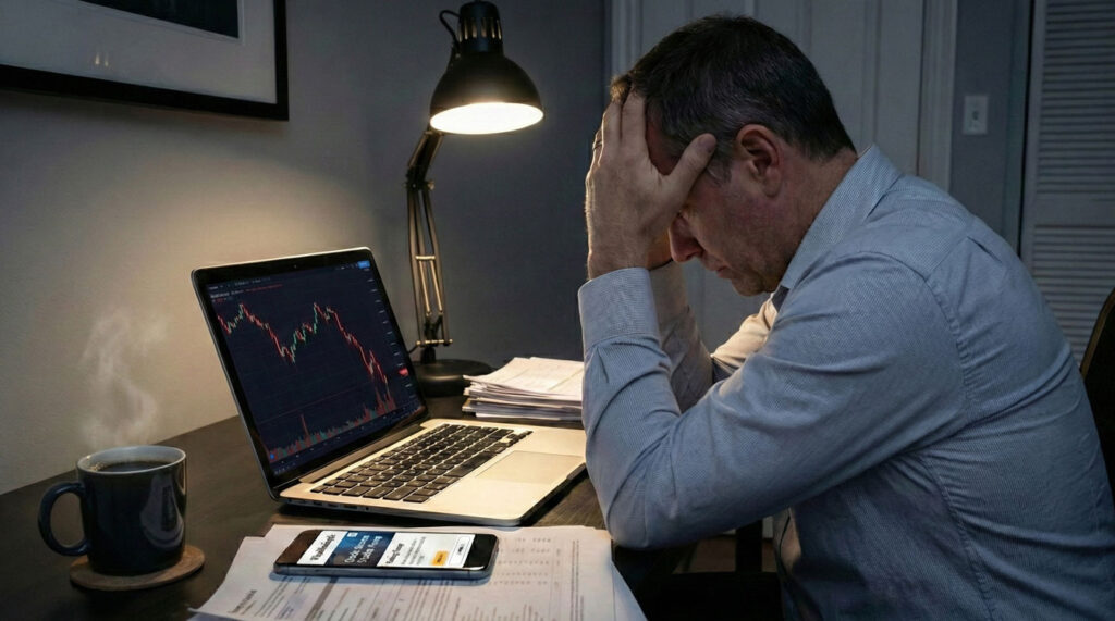 Photo of man staring as laptop screen because he has lost a lot of money.